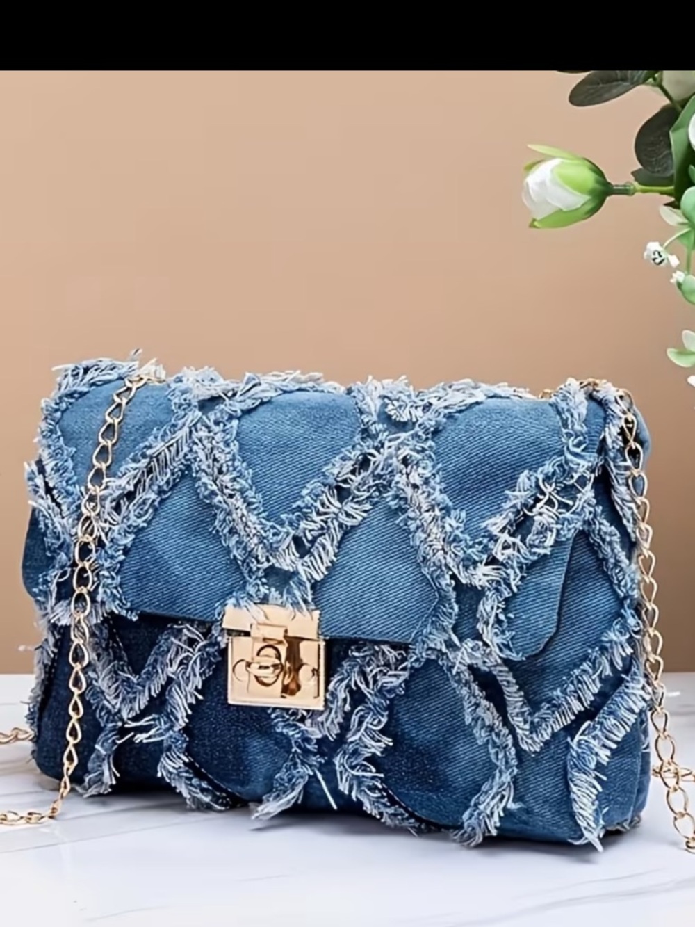 Affordable Fashion Finds Blue Denim Fringe Crossbody with Gold Chain